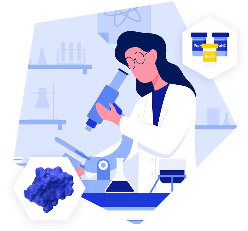 Girl scientist examining protein molecule in a lab